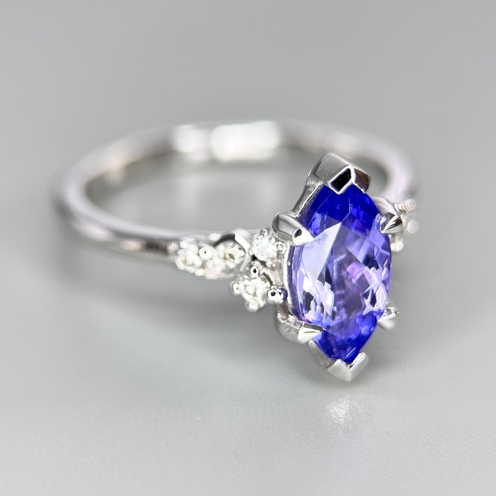 Anel - 14 K Ouro branco Tanzanita - Diamante #1.0