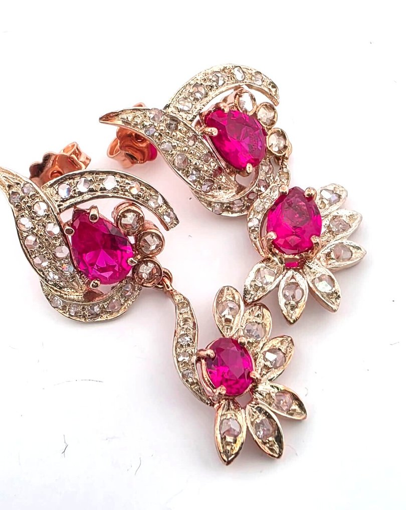 没有保留价 - 耳环 - 9 kt. 玫瑰金, 银 红宝石 - 钻石 #2.1