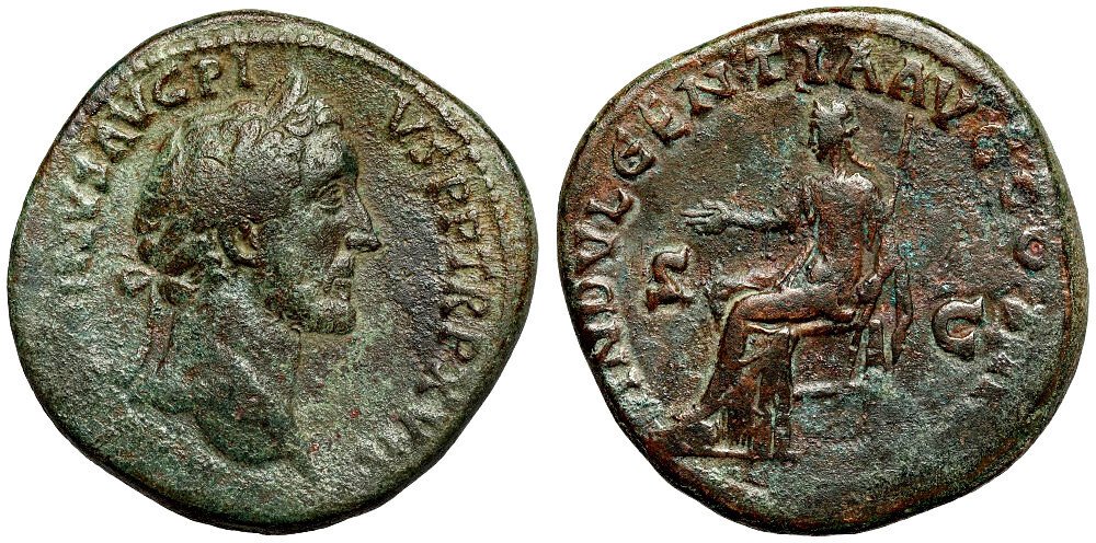 羅馬帝國. 安敦寧·畢尤 (AD 138-161). Sestertius Rome - Indulgentia seated left #1.0