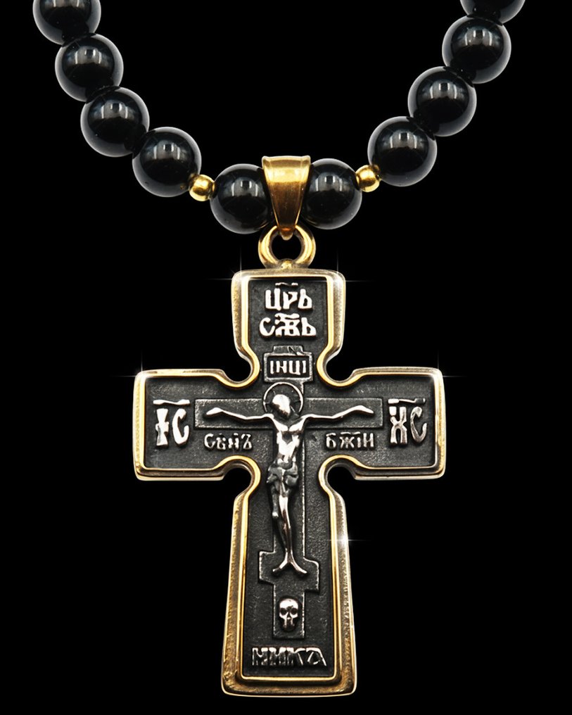 Orthodoxe kors & Obsidian: Beskyttelse og seier over døden - Lås i gull 14K Gold Filled - Halskjede med anheng #1.0
