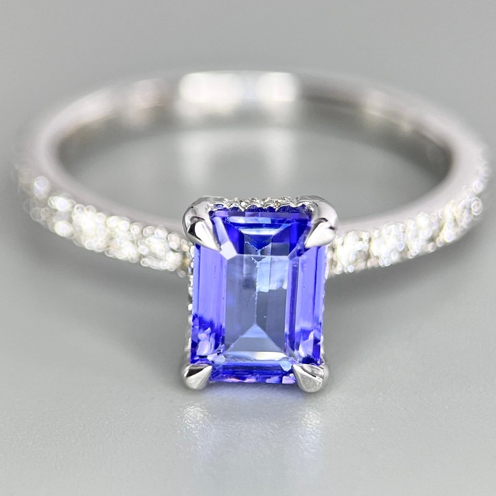 戒指 - 14K包金 白金 坦桑石 - 钻石 #1.0