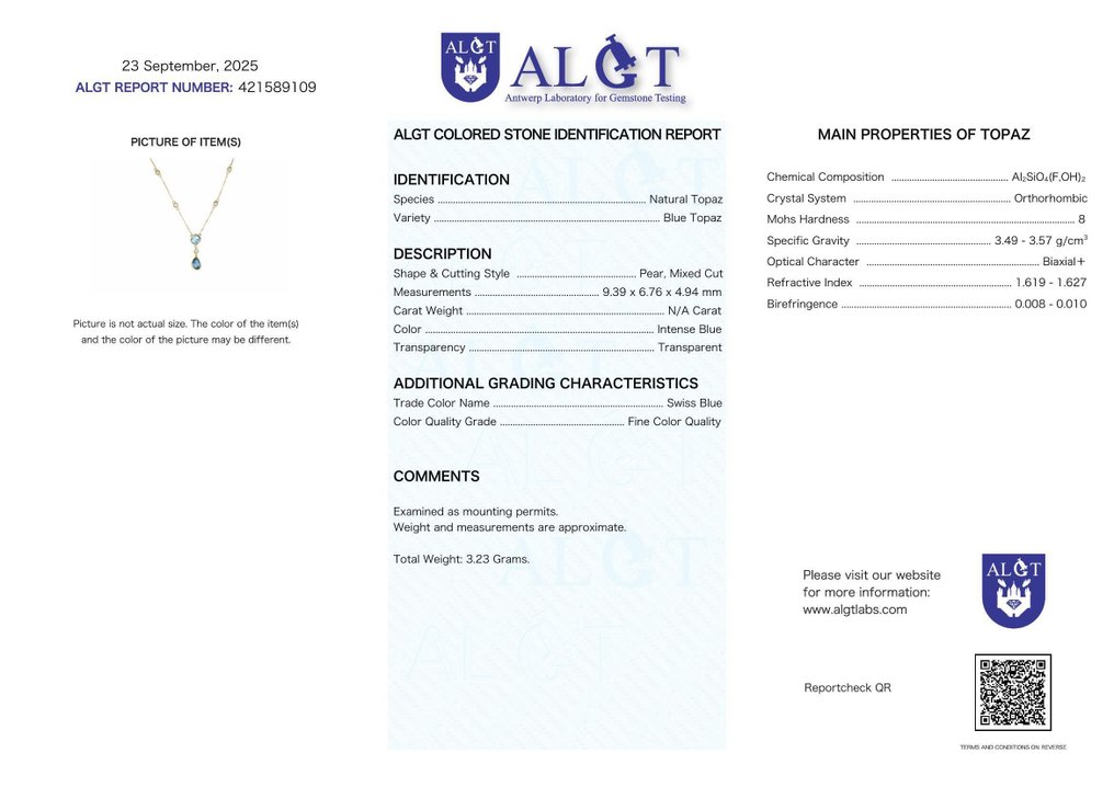 Sem preço de reserva - Colar Prata - Topaz - Certificado #2.1