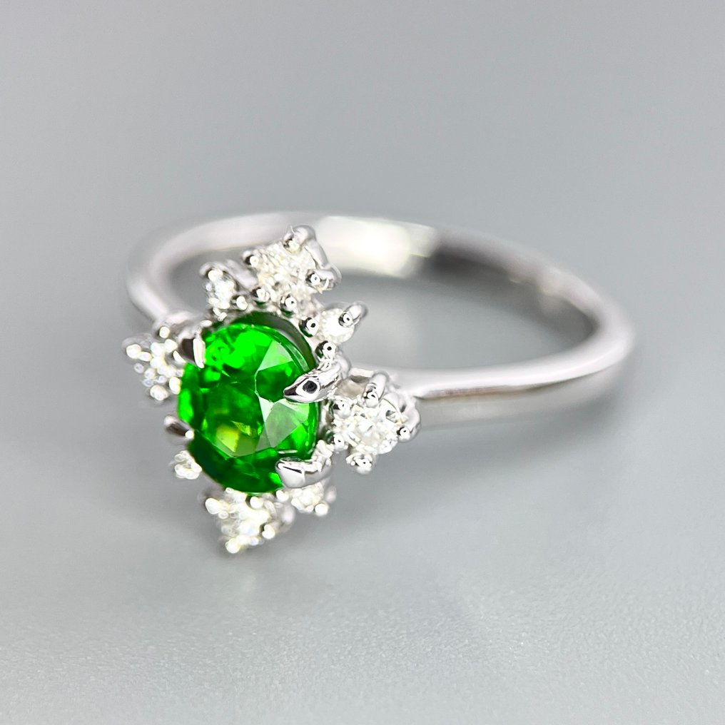 Anel - 14 K Ouro branco Tsavorita - Diamante #1.0