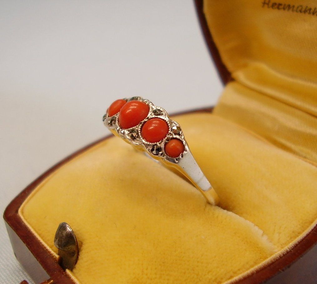 Sem preço de reserva - Anel Prata - 0.60ct. tw. Coral - Art-DekoKorallenring 1920 #2.1