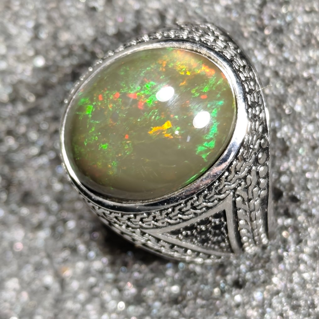 925纯银黑欧泊留白骑士戒指 珠宝- 6.7 g - (1) #3.2