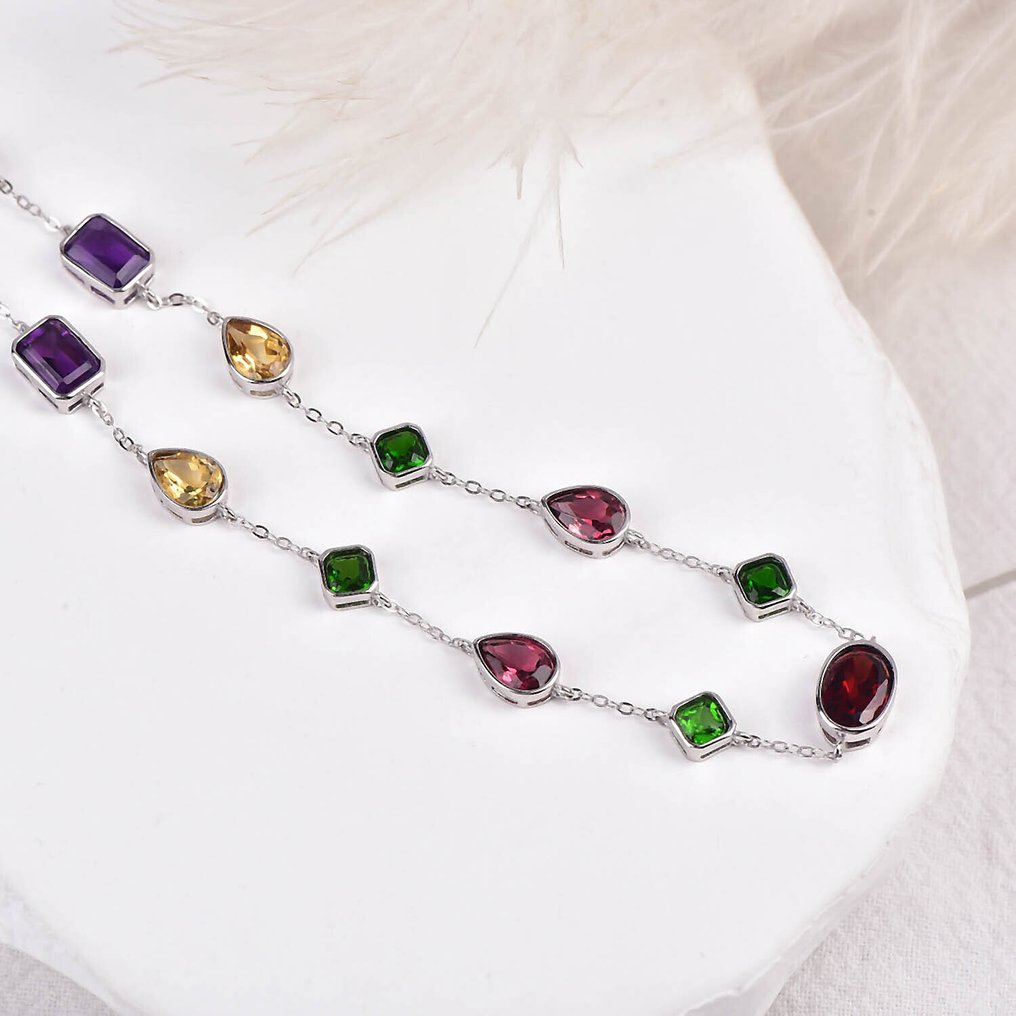 Sem preço de reserva - Colar Prata - Pedras preciosas variadas - Certificado #4.3