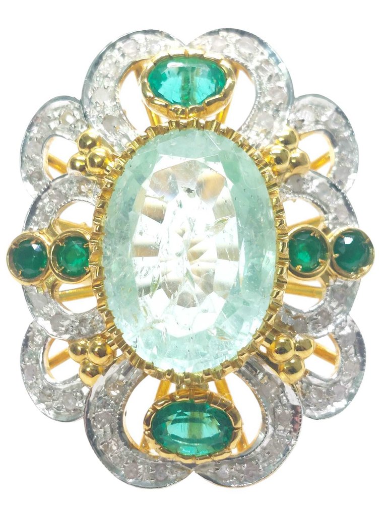 χωρίς τιμή ασφαλείας - Δαχτυλίδι - 9 kt. Ασημί, Κίτρινο χρυσό Ακουαμαρίνης - Διάφοροι πολύτιμοι λίθοι #1.0