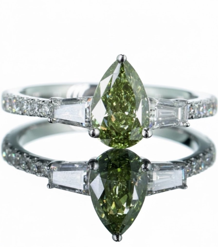 χωρίς τιμή ασφαλείας - Δαχτυλίδι - 14 καράτια Λευκός χρυσός - 1.58ct. tw. Πράσινο Διαμάντι (Διαμάντια εργαστηριακής καλλιέργειας με φανταχτερά χρώματα) - Διαμάντι #1.0