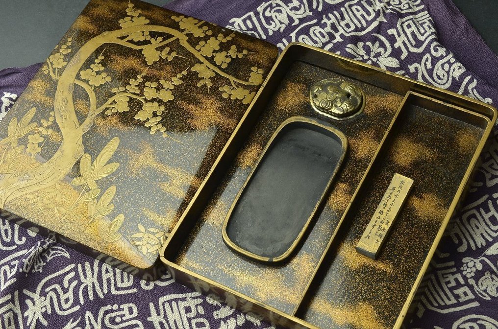 Box - Wood, Gold, lacquer,  Very fine suzuri-bako with ume and young pine trees maki-e design #1.0