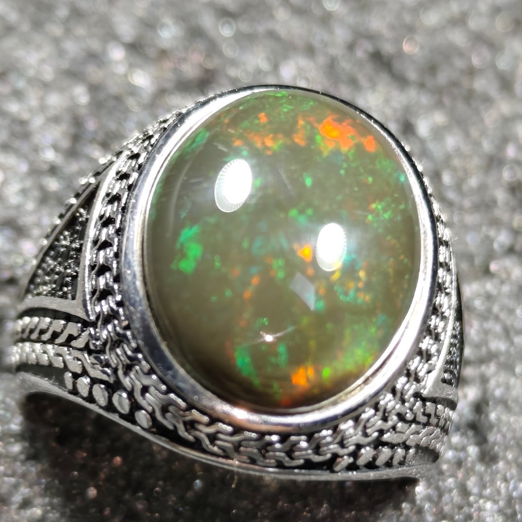 925纯银黑欧泊留白骑士戒指 珠宝- 6.7 g - (1) #1.0