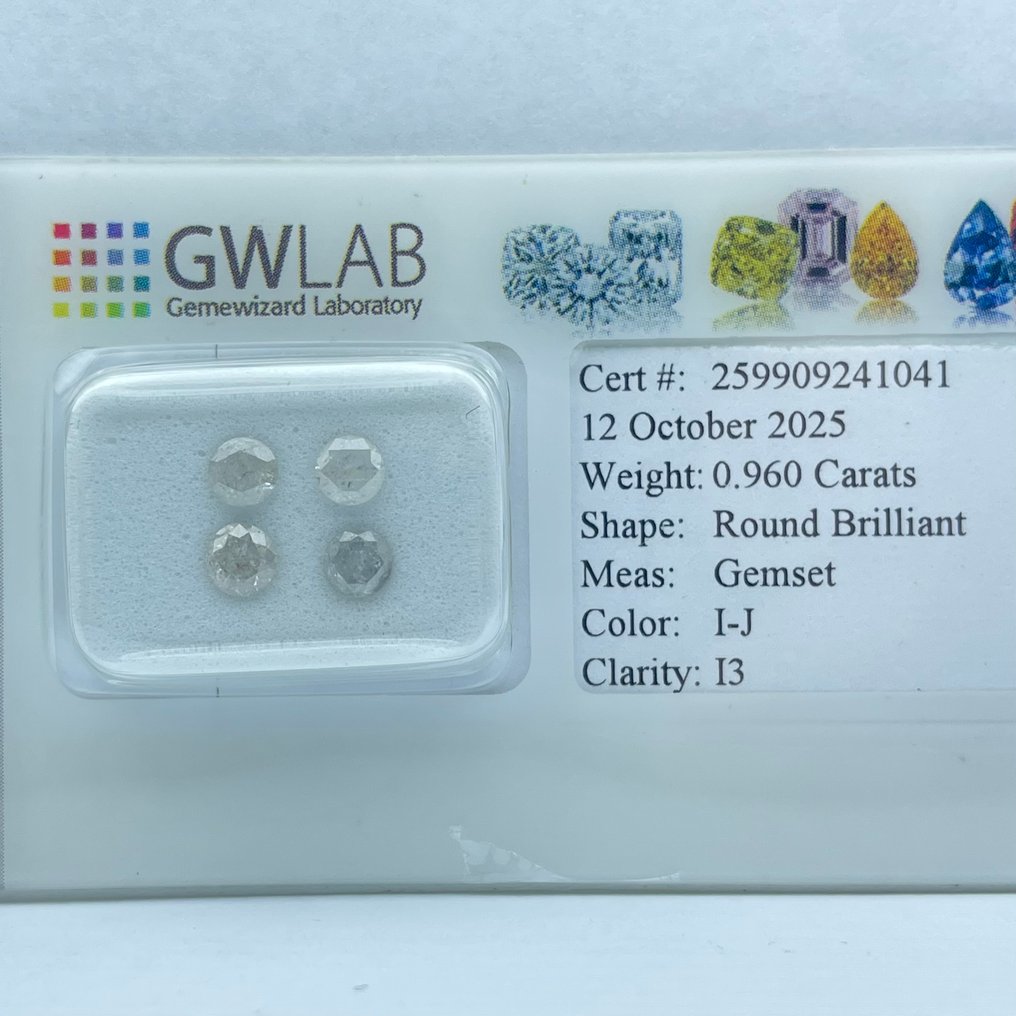 Bez ceny minimalnej
- 4 pcs Diament (Naturalny) - 0.96 ct - okrągły - I, J - I3 - Gemewizard Gemological Laboratory (GWLab) #1.0
