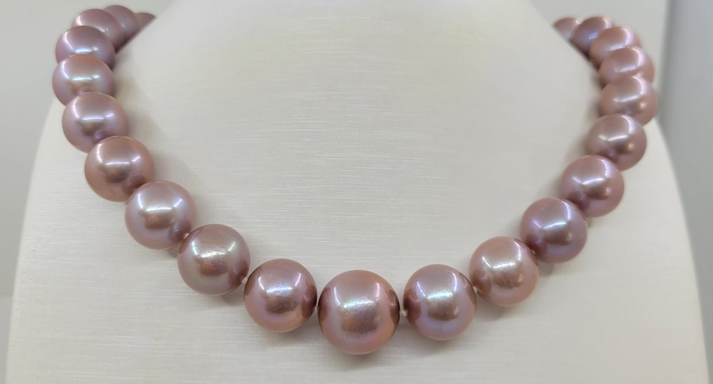 頸鏈 - 14 克拉 白金 - 13x16毫米爱迪生珍珠 #1.0