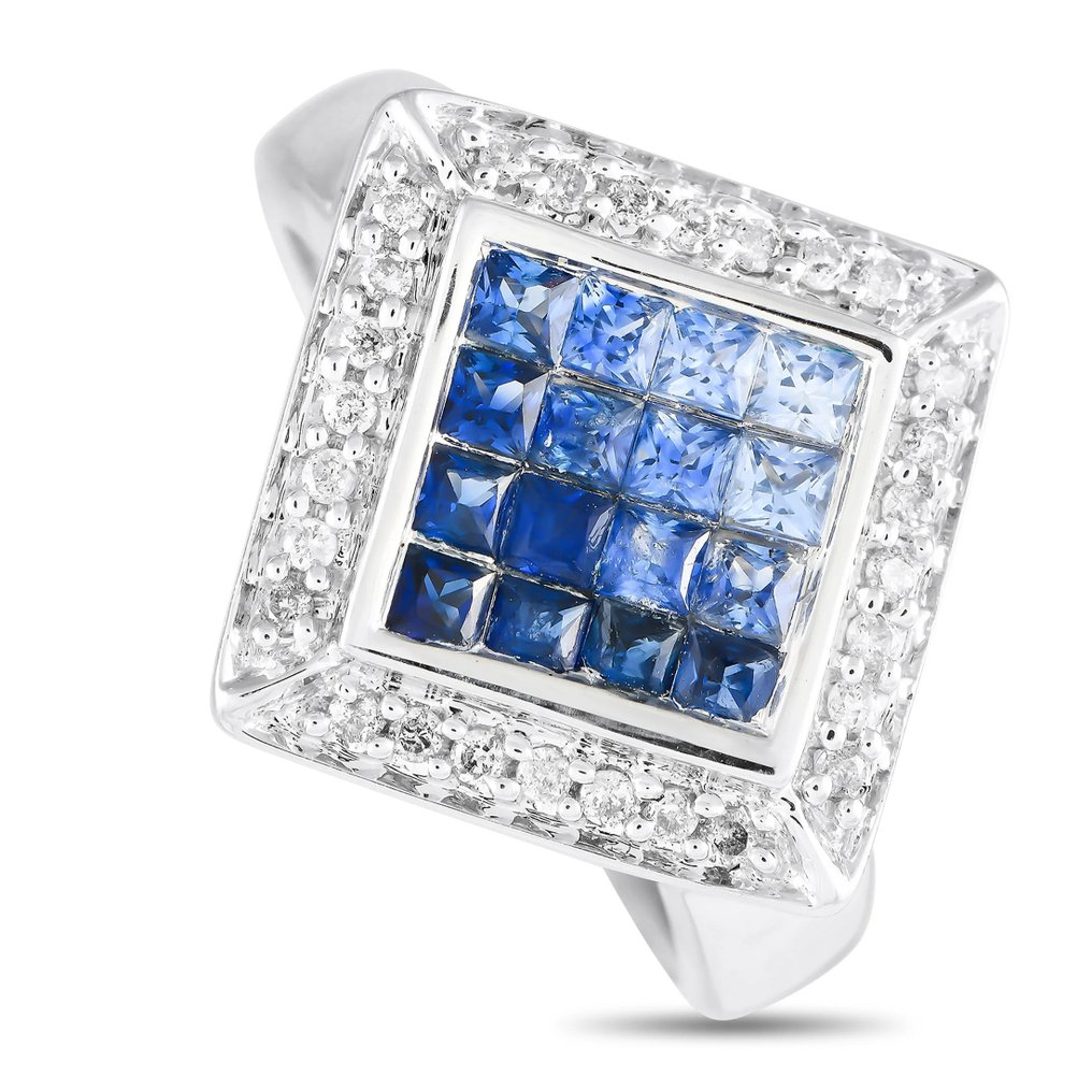 Δαχτυλίδι - 14 καράτια Δαχτυλίδι από λευκό χρυσό 14K με διαμάντι 0,20 καρατίων και ζαφείρι., Λευκός χρυσός -  1.25ct. tw. #1.0