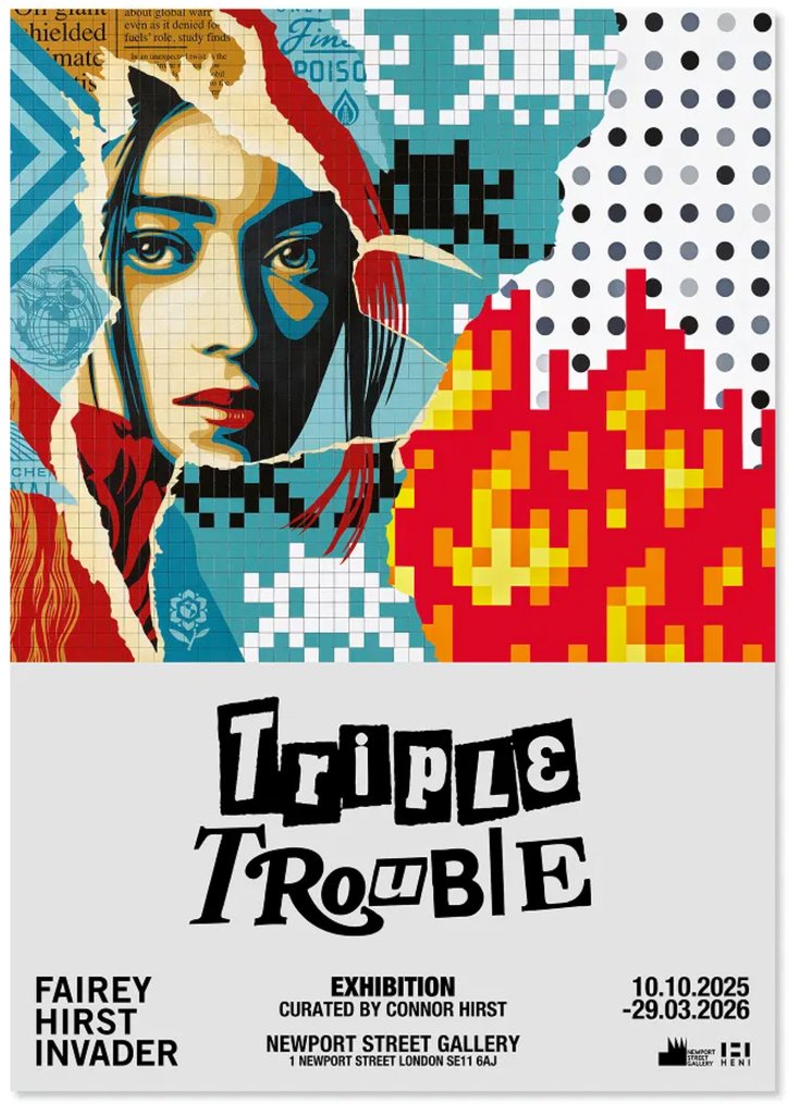 Shepard Fairey (OBEY) + Damien Hirst + Invader - Planetary Threat - Triple Trouble Exhibition Poster #1.0
