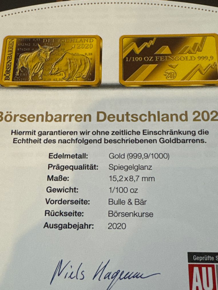 World. Gold bar 2020 Börsenbarren., 1/100 Oz (.999) mit CoA (No reserve price) #2.1