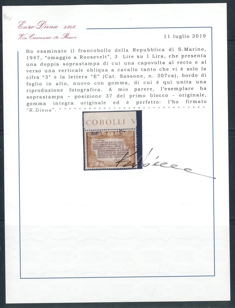 San Marino - Roosevelt 3 of 1 lira no. 307ca with double overprint. Cert. R. Diena. #2.1