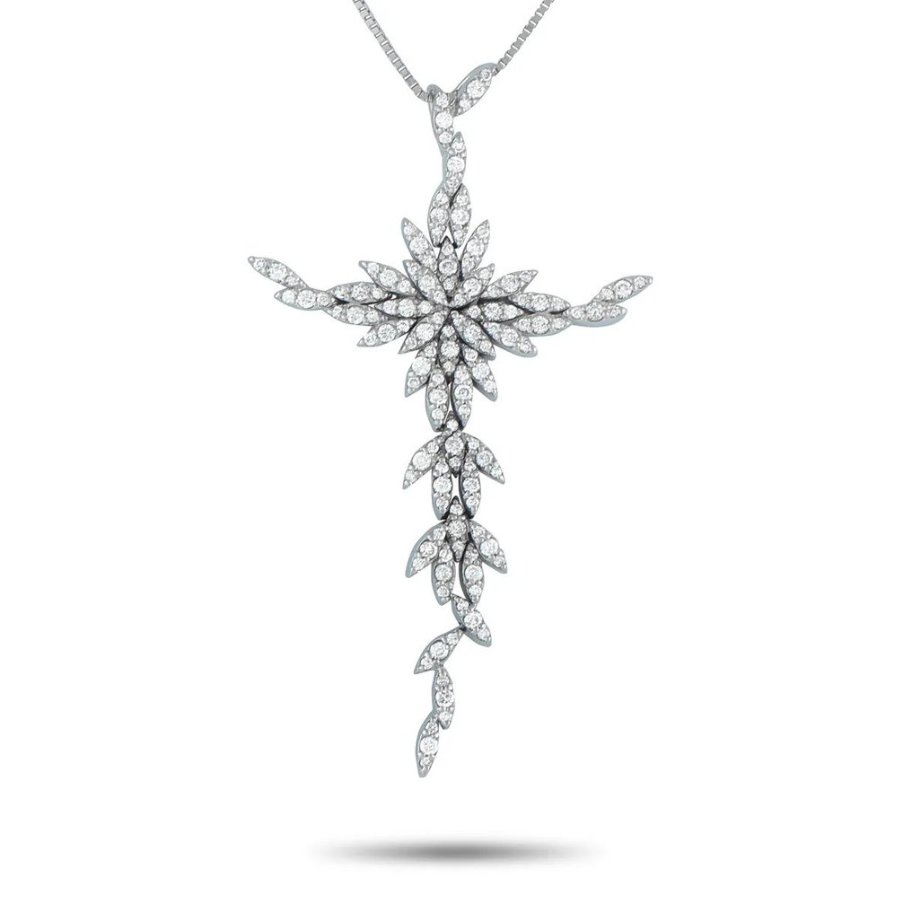 Collier avec pendentif - 18 carats Collier pendentif croix en or blanc 18 carats avec diamant de 1,08 ct, Or blanc -  1.08ct. tw. Diamant (Naturelle)  #1.0