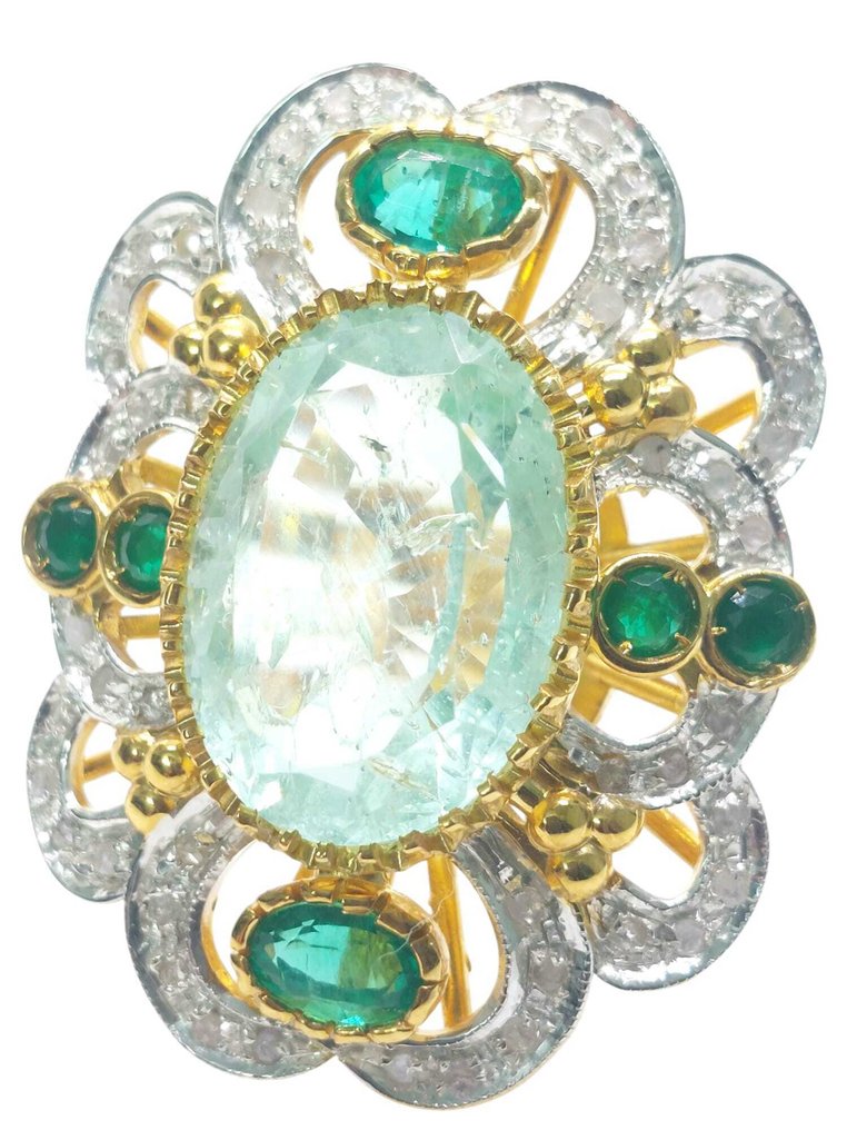 χωρίς τιμή ασφαλείας - Δαχτυλίδι - 9 kt. Ασημί, Κίτρινο χρυσό Ακουαμαρίνης - Διάφοροι πολύτιμοι λίθοι #1.0