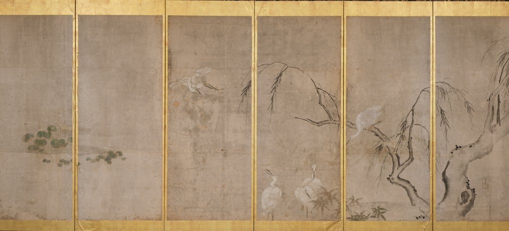 Οθόνη αναδιπλούμενη (byôbu) - Χρυσόφυλλο, γυαλισμένο ξύλο, μετάξι, χαρτί από μουριά. - Ιαπωνία - Περίοδος Edo (18ος αιώνας). #1.0