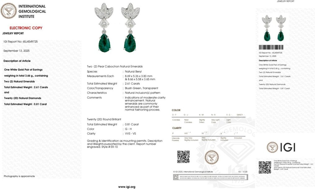 小型钉状耳环 - 14K包金 白金 -  3.42ct. tw. 祖母绿 - 钻石 #4.3