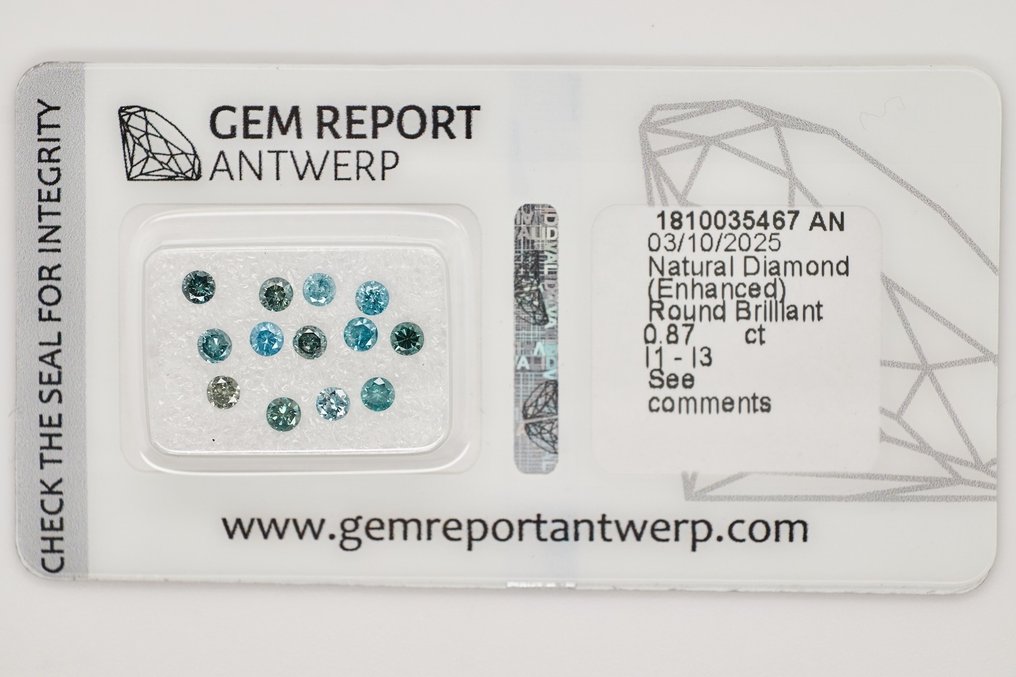 χωρίς τιμή ασφαλείας - 13 pcs Διαμάντι (Επεξεργασμένου χρώματος) - 0.87 ct - Στρογγυλό - I1, I2, I3 - Gem Report Antwerp (GRA) #1.0