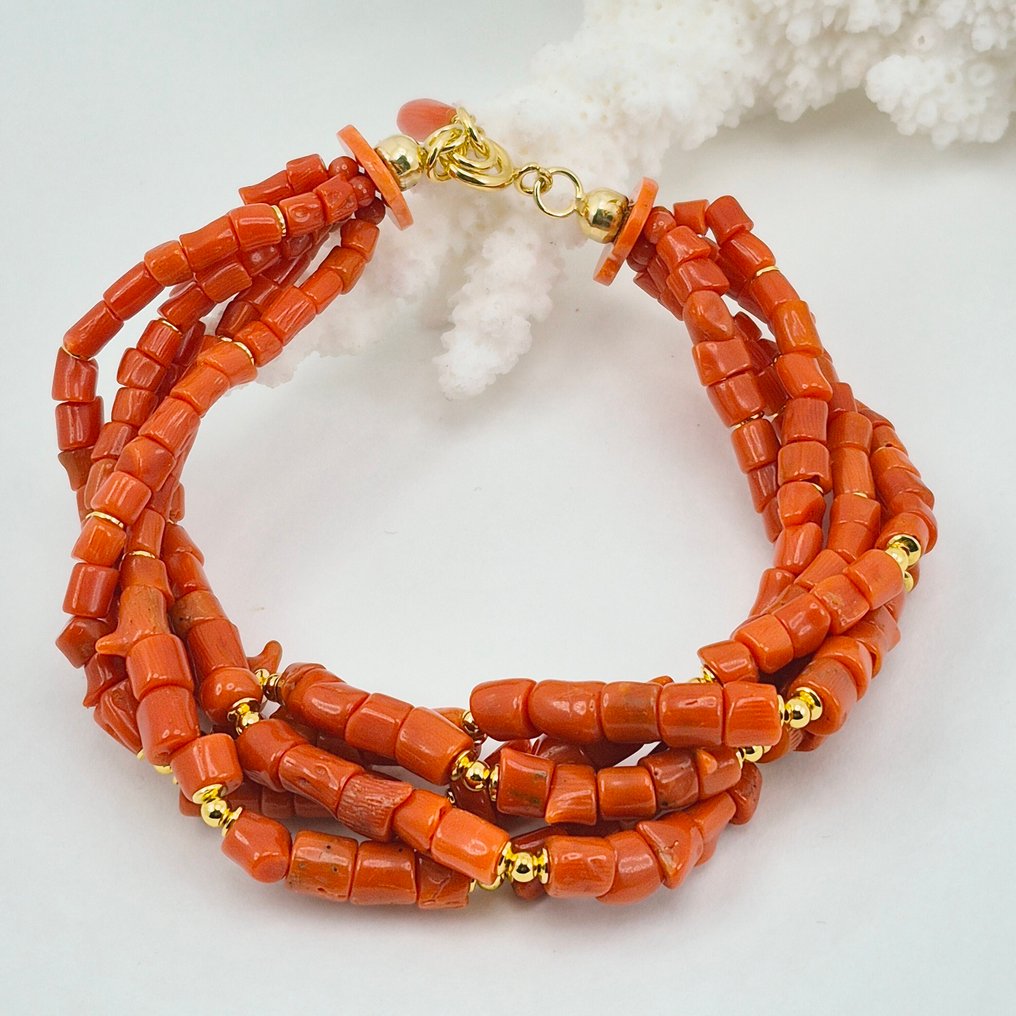 紅珊瑚 - 銀, 鍍金 - 手鈪 - CORALLO MEDITERRANEO #1.0