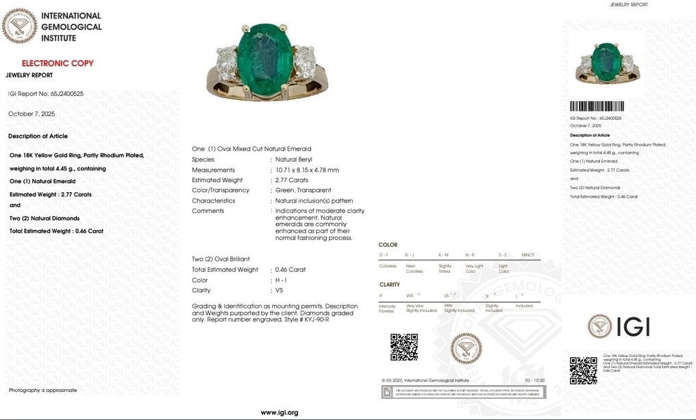 Ring - 18 kt Gelbgold -  3.23ct. tw. Smaragd - Diamant - Ring mit drei Steinen #2.1