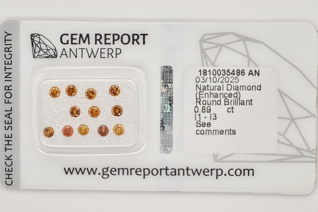 Ingen reservasjonspris - 12 pcs Diamant (Fargebehandlet) - 0.89 ct - Rund - I1, I2, I3 - Edelstensrapport Antwerpen (GRA) #1.0