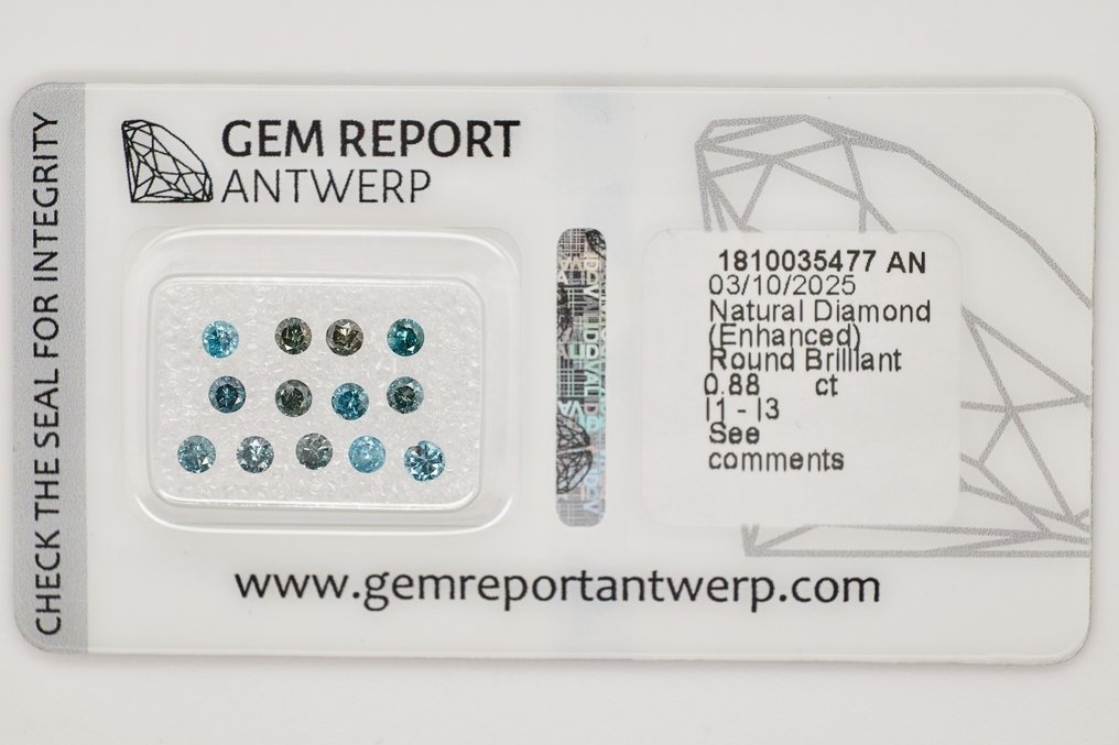 Zonder minimumprijs - 13 pcs Diamant  (Kleurbehandeld)  - 0.88 ct - Rond - P1, P2, I3 - Gem Report Antwerp (GRA) #1.0