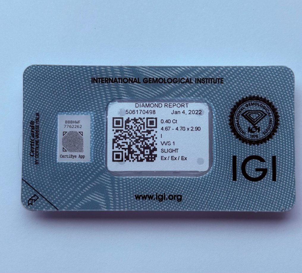 1 pcs 钻石  (天然)  - 0.40 ct - 圆形 - I - VVS1 极轻微内含一级 - 国际宝石研究院（IGI） - Ex Ex Ex #1.0