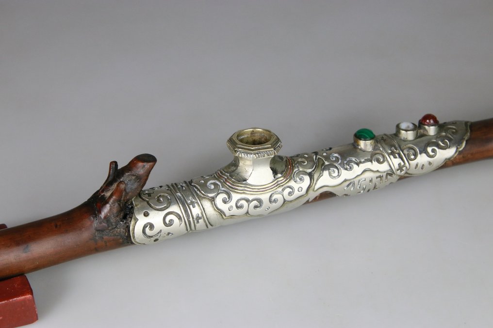 紫檀木中国鸦片壶 - 竹子形状 - 竹, 銀, 玉 - 中國 - 青铜 - 19世纪末 #1.0