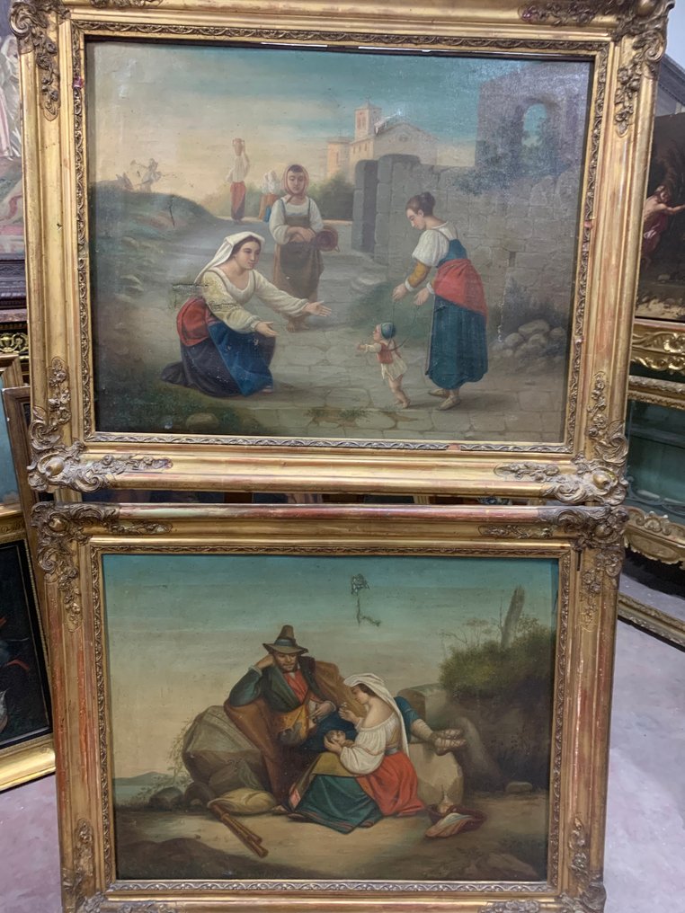 Luigi Tagliani (XIX), scuola di - Coppia di scene di campagna con personaggi #3.2