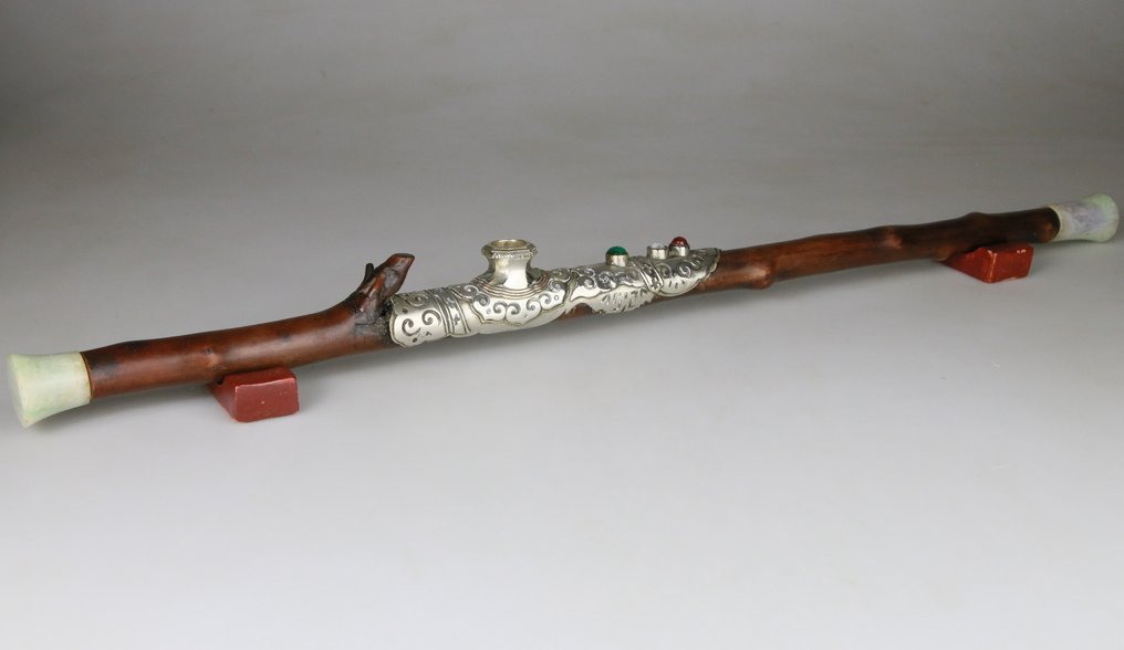 紫檀木中国鸦片壶 - 竹子形状 - 竹, 銀, 玉 - 中國 - 青铜 - 19世纪末 #1.0