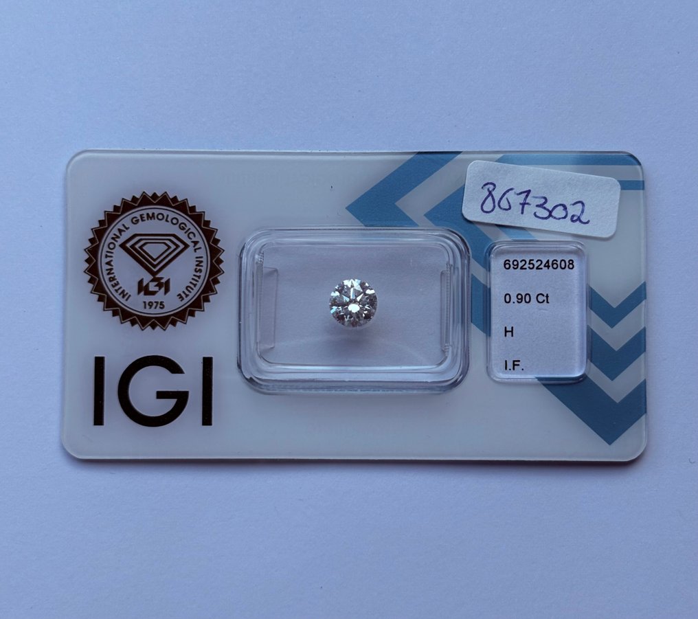 1 pcs 钻石 (天然) - 0.90 ct - 圆形 - H - IF - 国际宝石研究院(IGI) - Ex Ex Ex #1.0