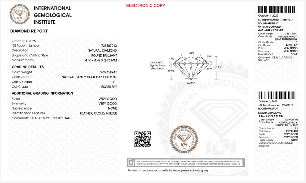 1 pcs Diamant (Natürlich farbig) - 0.35 ct - Rund - Fancy light Lila Rosa - I1 - International Gemological Institute (IGI) #2.1