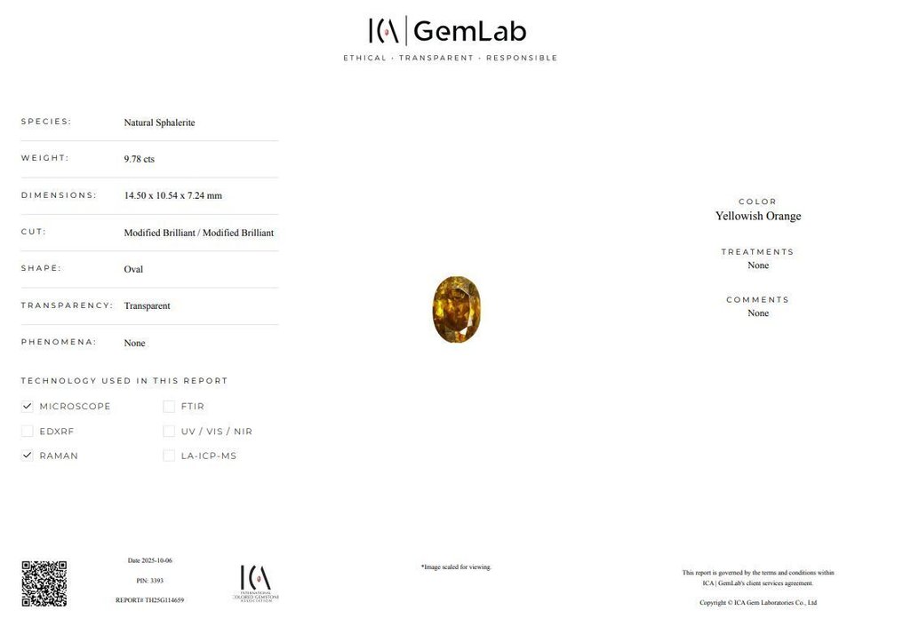 1 pcs  橙色, 黃色 閃鋅礦  - 9.78 ct - 國際有色寶石協會 (ICA GemLab) #3.2