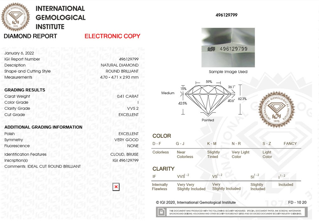 1 pcs Διαμάντι (Φυσικό) - 0.41 ct - Στρογγυλό - I - VVS2 - International Gemological Institute (IGI) #3.2