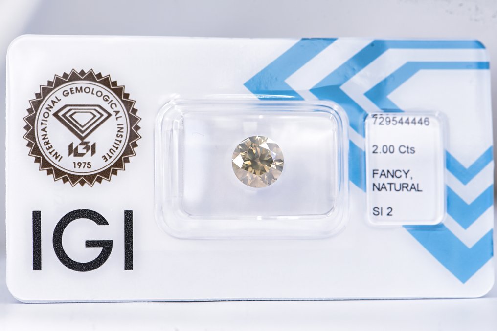 没有保留价 - 1 pcs 钻石 (天然色彩的) - 2.00 ct - 圆形 - Fancy 稍帶綠色的, 稍帶灰色的 黄色 - SI2 微内含二级 - 国际宝石研究院(IGI) - VG VG #1.0