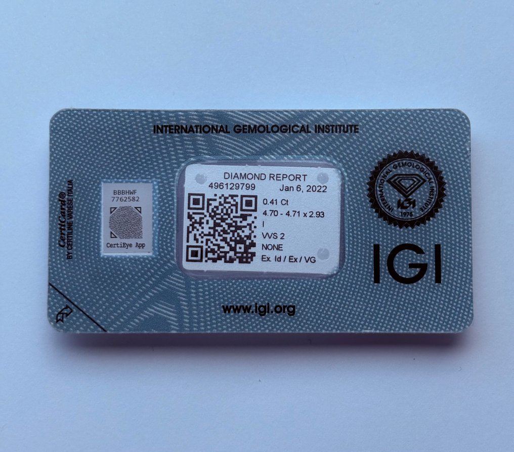 1 pcs Διαμάντι (Φυσικό) - 0.41 ct - Στρογγυλό - I - VVS2 - International Gemological Institute (IGI) #1.0