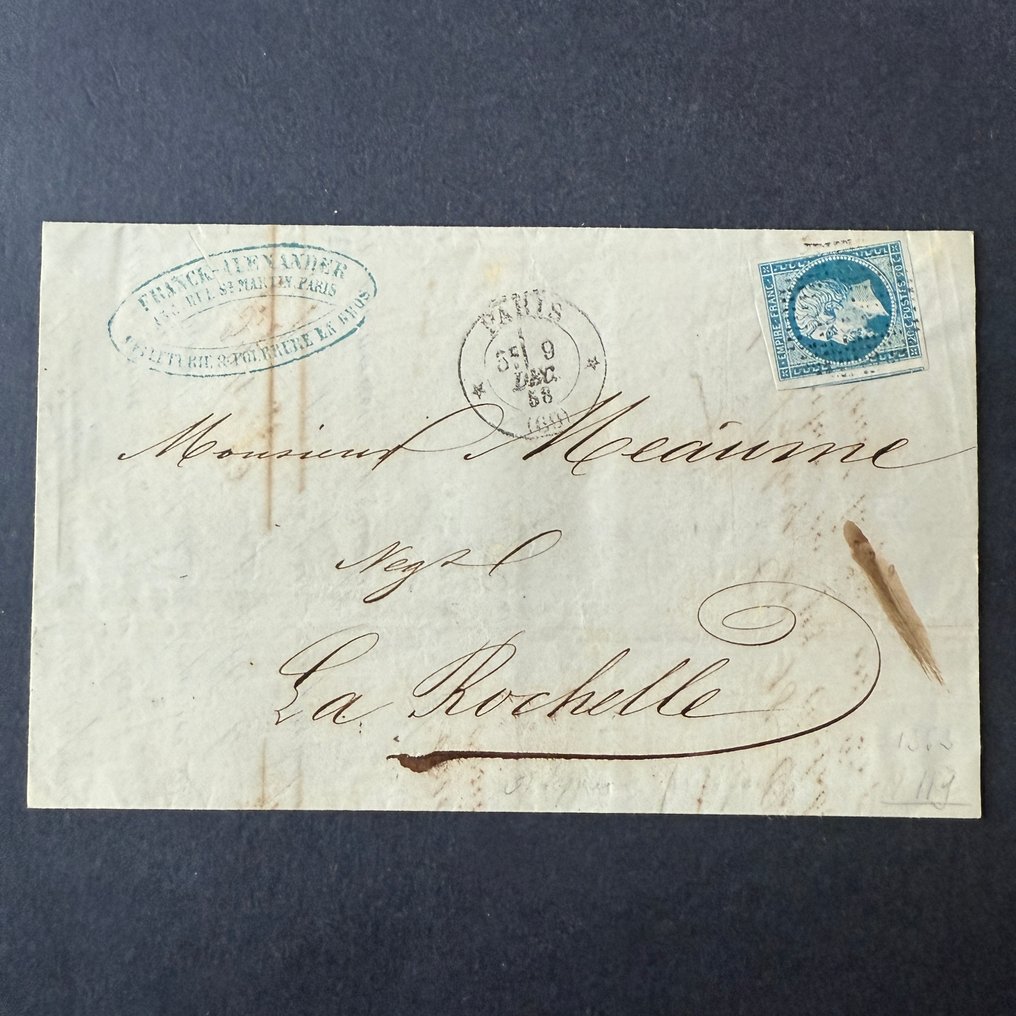France  - Yvert 14A 'Napoleon imperforate 20c' canceled with dotted circle on letter - TB #1.0