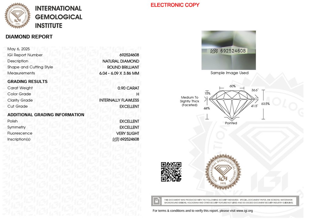 1 pcs 钻石 (天然) - 0.90 ct - 圆形 - H - IF - 国际宝石研究院(IGI) - Ex Ex Ex #2.1