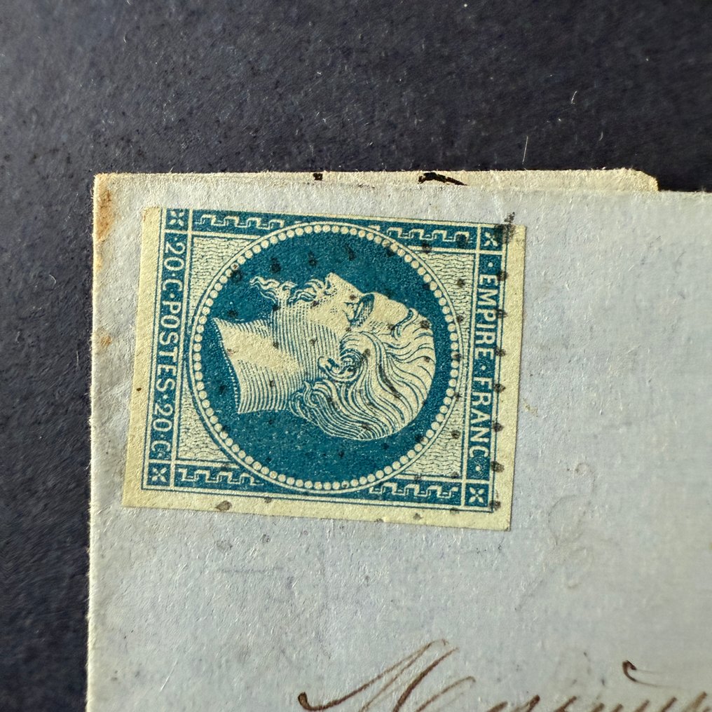 法國  - Yvert 13、14、22 '拿破仑' 邮票，已邮戳覆盖在信件上（变体：戳记、绿色色调等）—— B/TB #2.1