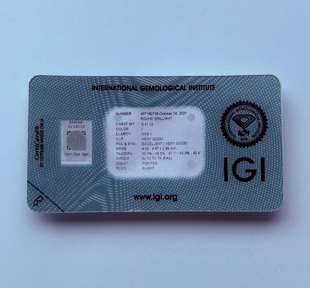 1 pcs 鑽石 (天然) - 0.41 ct - 圓形 - I(極微黃、正面看為白色) - VVS1 - 國際寶石學院(International Gemological Institute (IGI)) #1.0