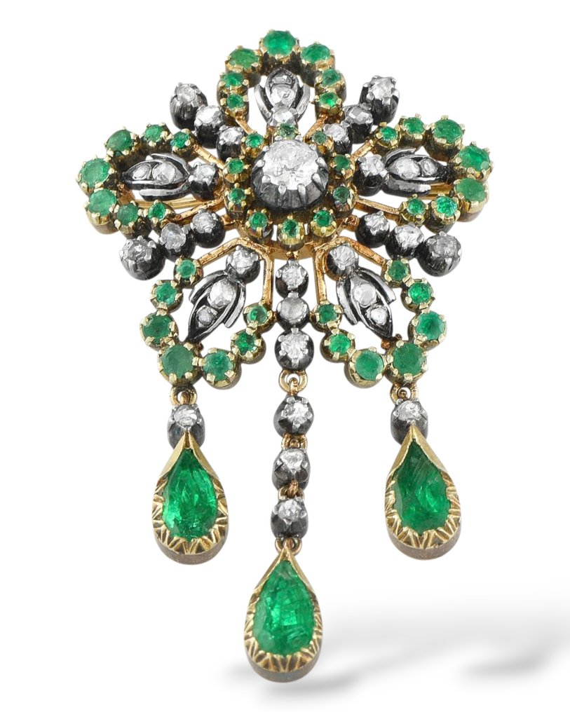 Bross - 18 kt. Régi 18 karátos rózsaarany és 1,50 ct gyémánt, valamint 6,0 ct smaragd nagy brossúra, Rózsa arany - 7.50ct. tw. Gyémánt (Természetes) - Smaragd #3.2