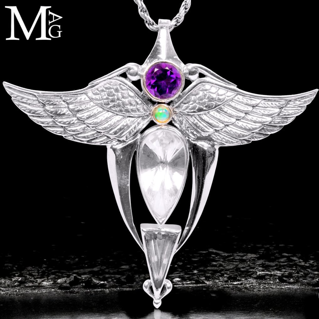 Light Guardian Pendant – Amethyst, Opal and Quartz Winged Jewelry: Spirituality and Eclecticism of Life. - Height: 62 mm - Width: 58 mm- 17 g #1.0