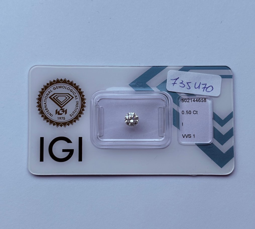 1 pcs Diamond  (Natural)  - 0.50 ct - Round - I - VVS1 - International Gemological Institute (IGI) - Ex Ex Ex None #1.0