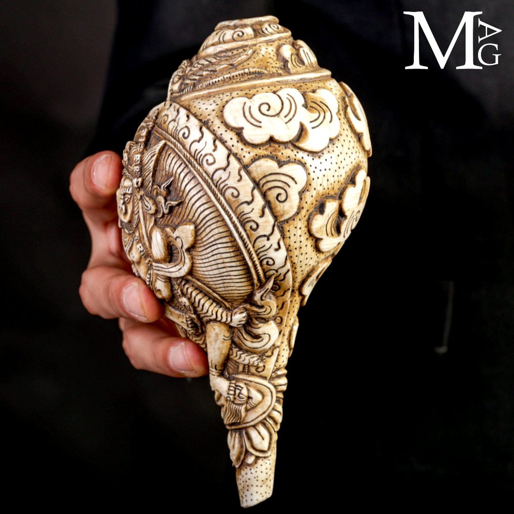 Antiikki hindulainen Shankha-savi - käsin kaiverrettu Simpukankuoret - Old Tibetan Buddhism conch inlaid Mahakala #2.1