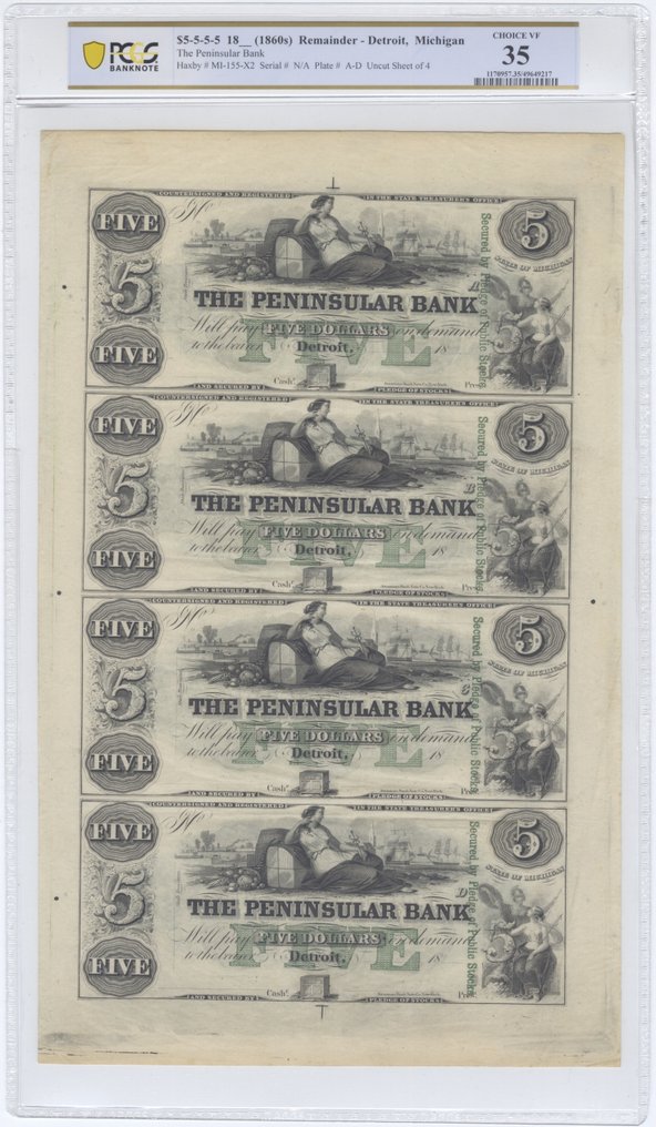 Ηνωμένες Πολιτείες Αμερικής. - 4 x 5 Dollars 1860s Remainder - The Peninsular Bank - Uncut Sheet of 4 - Haxby #1 MI-155-X2 #1.0