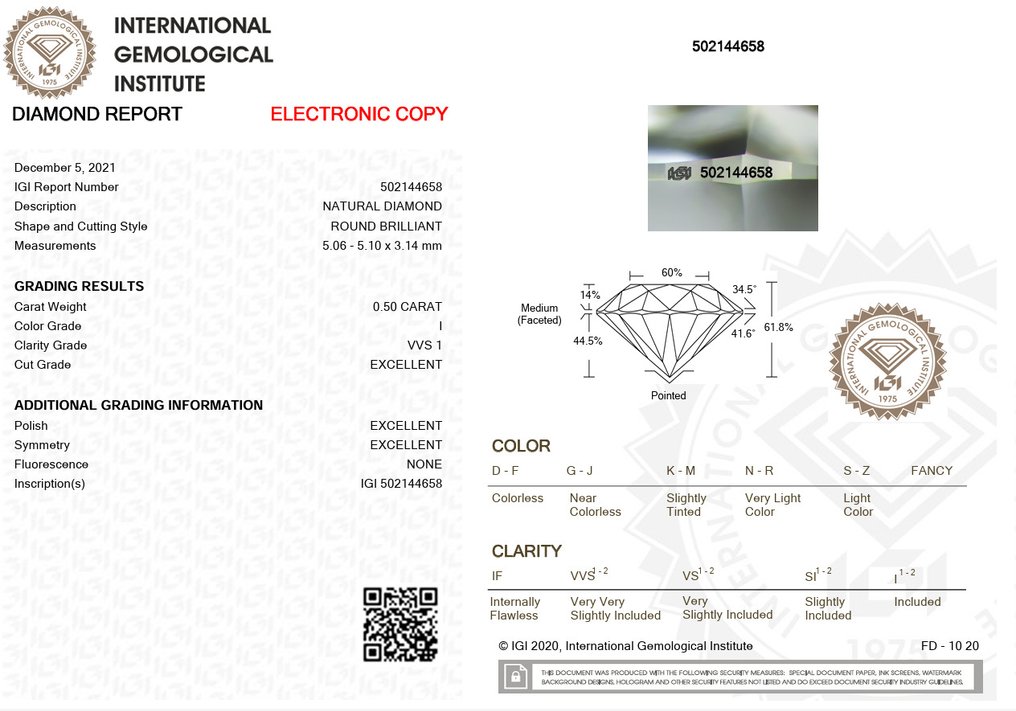 1 pcs Diamond  (Natural)  - 0.50 ct - Round - I - VVS1 - International Gemological Institute (IGI) - Ex Ex Ex None #3.2