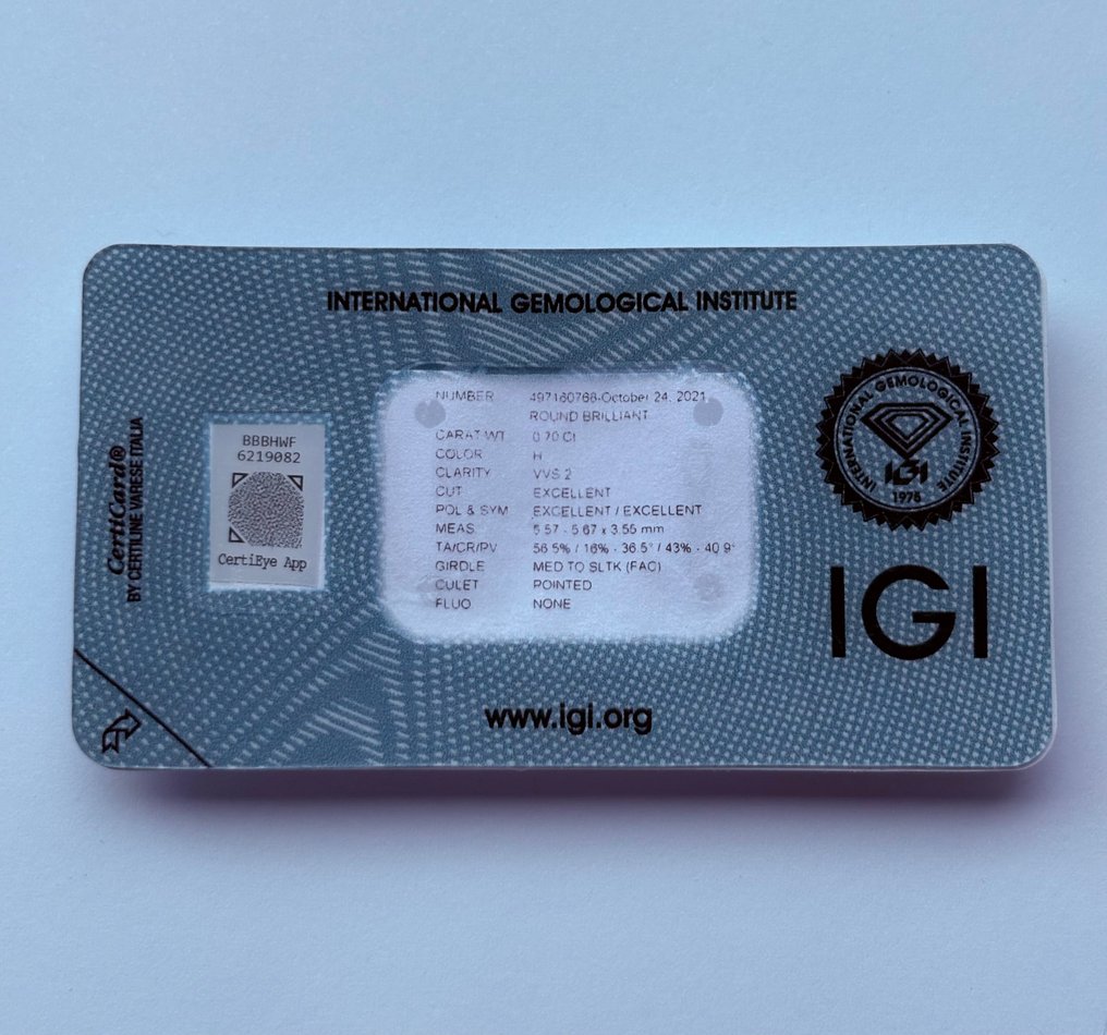 1 pcs 钻石 (天然) - 0.70 ct - 圆形 - H - VVS2 极轻微内含二级 - 国际宝石研究院(IGI) - Ex Ex Ex 无 #1.0